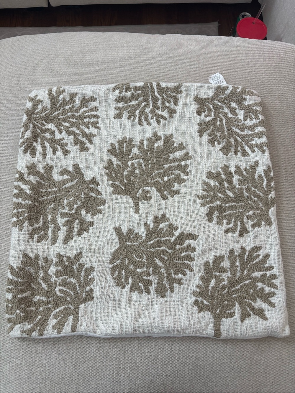 Pottery Barn Cream Throw Pillow cover with Tan Coral Motif